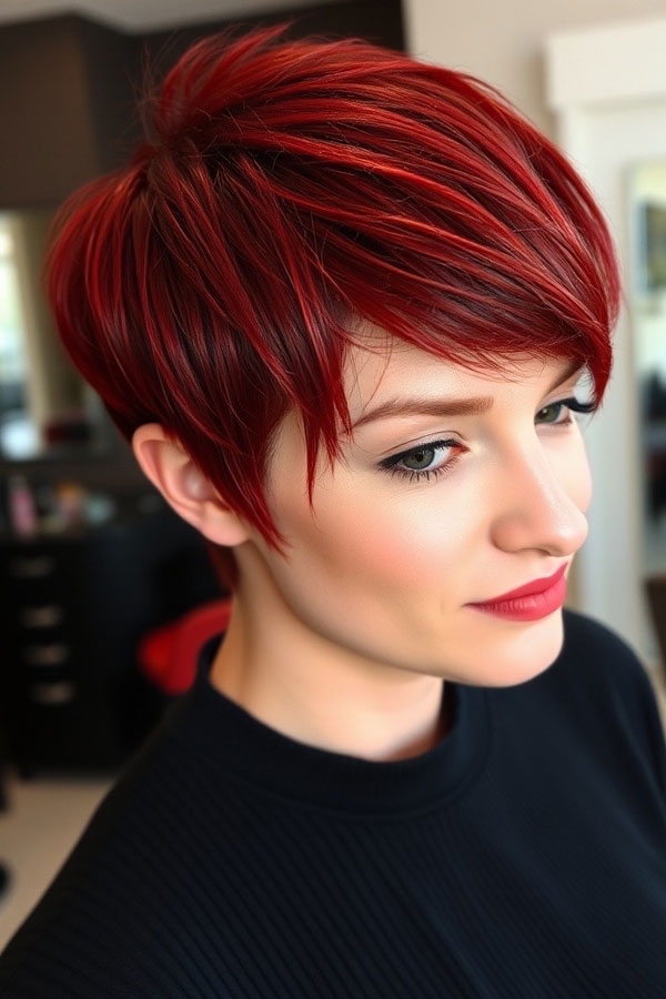 30 Radiant Red Hair Shades for Autumn : Scarlet Sleek Pixie