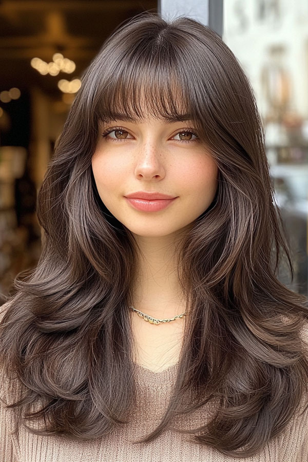 Silky Layers with Full Fringe, long layered haircut with bangs