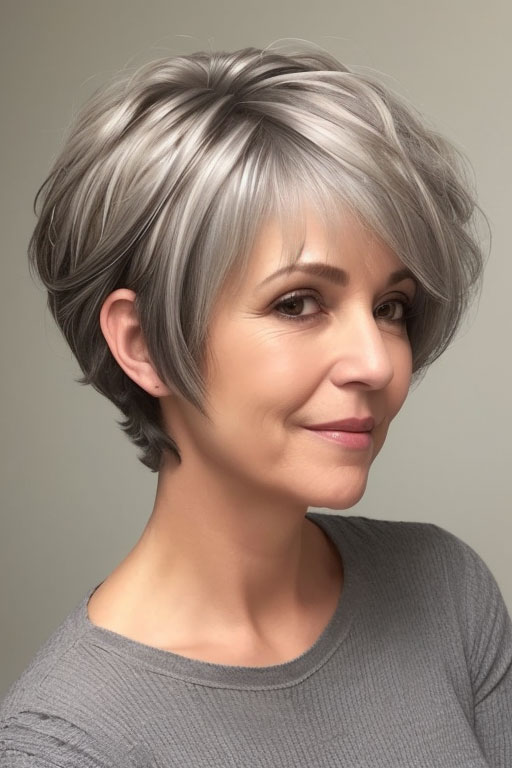 Silvery Pixie Cut , pixie hair cut for women over 50, pixie hair colour for women over 50