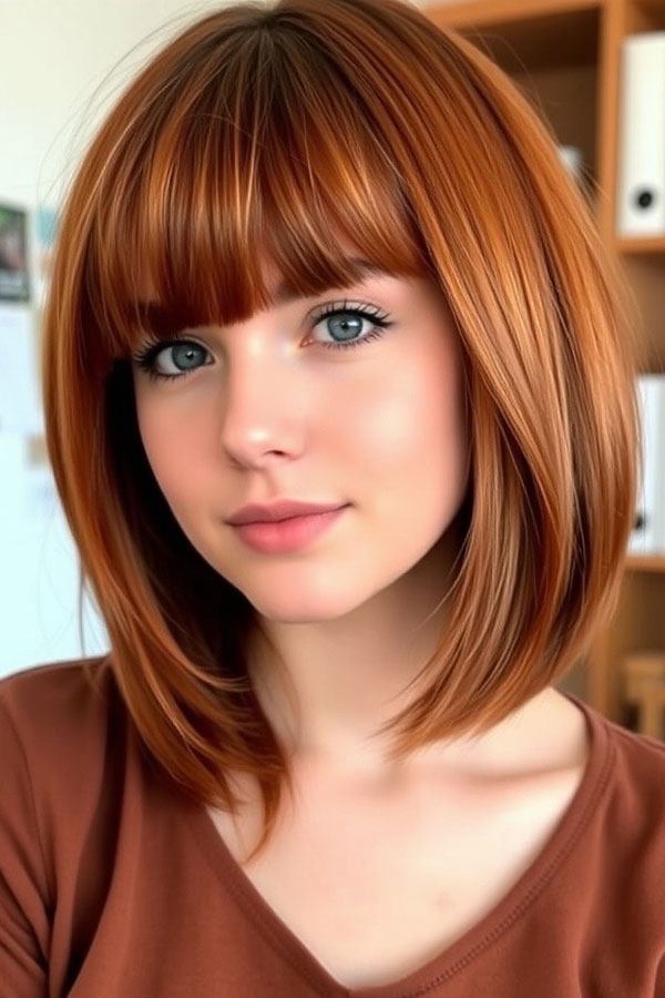 Sleek Auburn Bob with Full Fringe,  medium-length hairstyle with beautiful hair colour