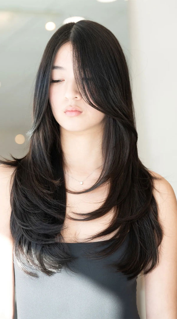 Sleek Black Layers with Soft Feathering, Chic Long Layered Haircuts for Straight Hair, long layers, long layered haircuts