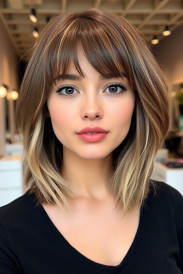 Sleek Bob with Blonde Highlights, shoulder length bob haircut with fringe