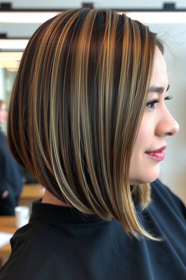 Sleek Brunette Angled Bob with Subtle Blonde Highlights