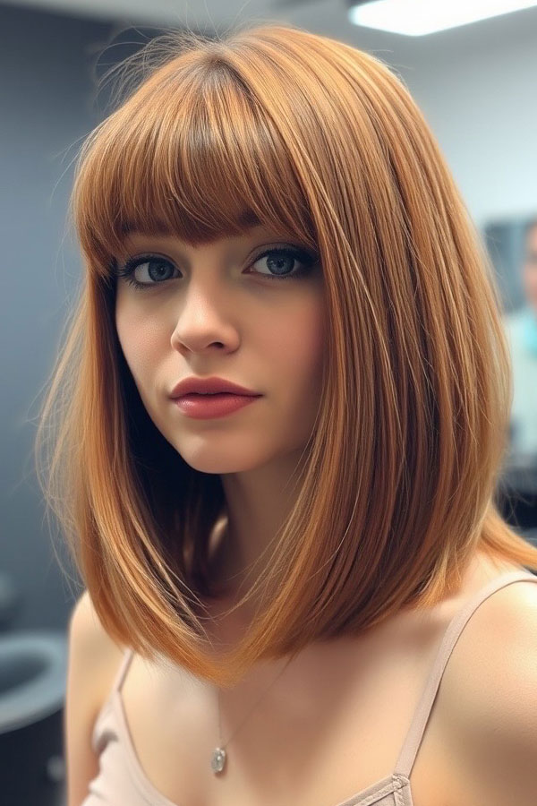 Sleek Copper Bob with Blunt Bangs