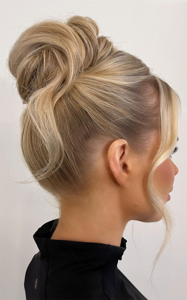 Sleek High Bun with Face-Framing Tendrils, 90s inspired high updo, Updo Hairstyle, updo wedding hairstyle