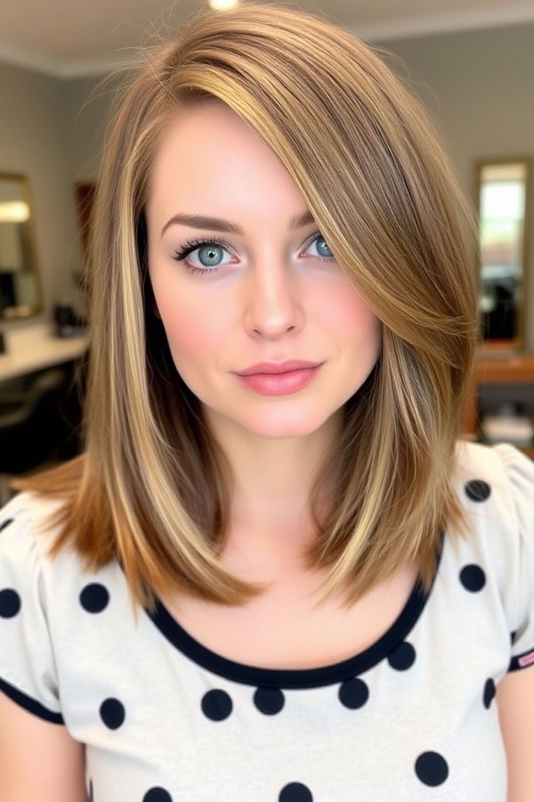 Sleek Lob with Golden Highlights, medium-length hairstyle with beautiful hair colour