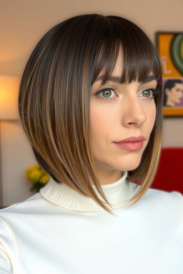 Brown Bob with Caramel Highlights and Soft Bangs, Sleek Modern Bob with Soft Bangs, angled bob with bangs