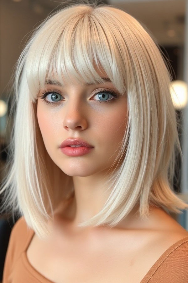 50 Chic Shoulder-Length Haircuts with Bangs : leek Platinum Bob with Soft Bangs