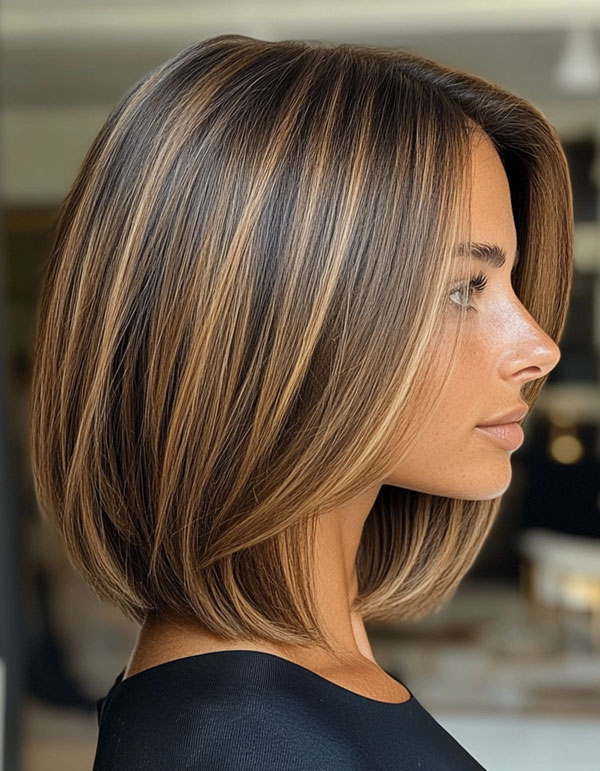 25 Medium-Length with Beautiful Hair Colours : Sleek Rich Chestnut Bob with Highlights