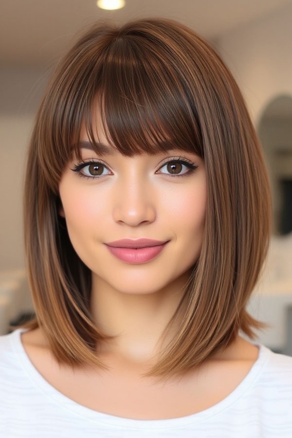 50 Chic Shoulder-Length Haircuts with Bangs : Sleek Straight Bob with Bangs