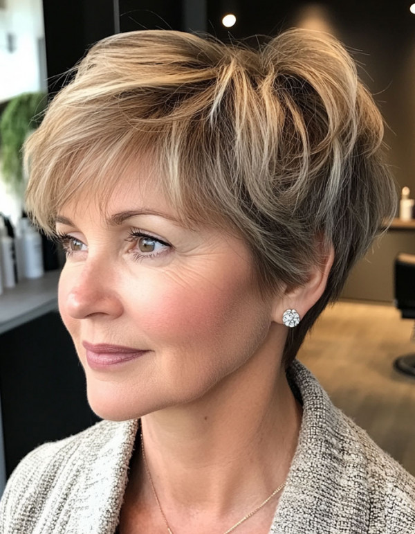 Soft Ash Blonde Pixie, pixie hair cut for women over 50, pixie hair colour for women over 50