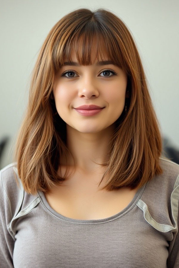 25 Medium-Length with Beautiful Hair Colours : Soft Auburn Long Bob with Blunt Fringe