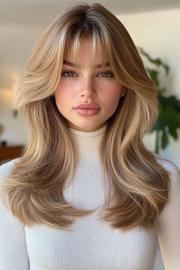 Soft Blonde Layers with Curtain Bangs, layered haircut with fringe for long hair