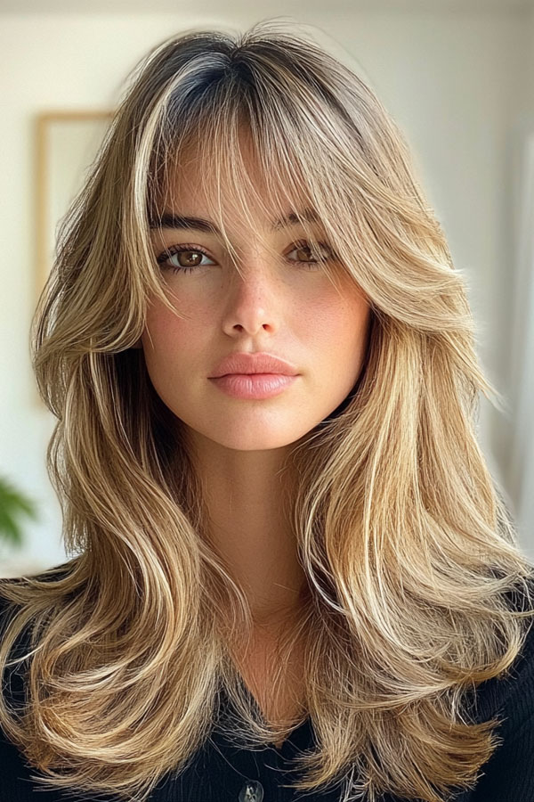 50 Layered Haircuts with Fringe For Long Hair : Soft Blonde Layers with Feathered Ends