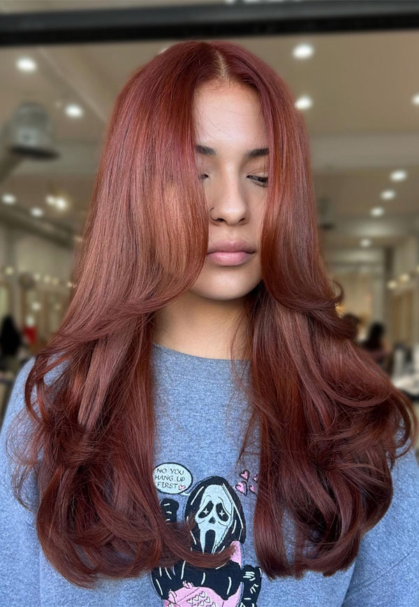 30 Radiant Red Hair Shades for Autumn : Soft Copper Red Long Layered with Curtain Bangs