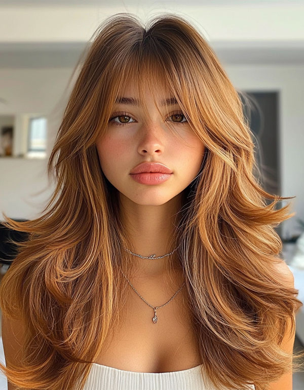 Soft Ginger Layers with Curtain Bangs, layered haircut with fringe for long hair