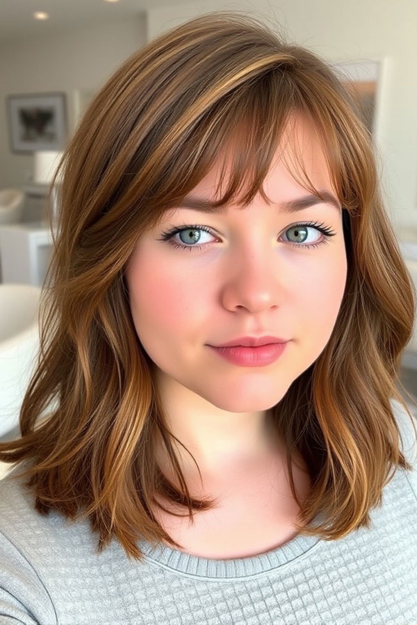 Soft Layered Bob for Chubby Faces, chic shoulder length haircut with bangs, medium-length haircut with fringe