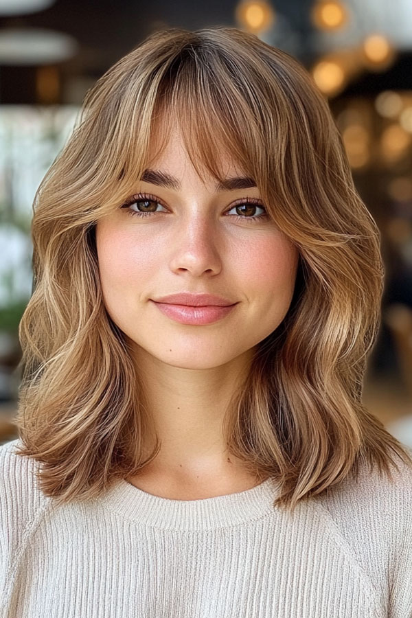 50 Chic Shoulder-Length Haircuts with Bangs : Soft Layers Bob with Curtain Bangs