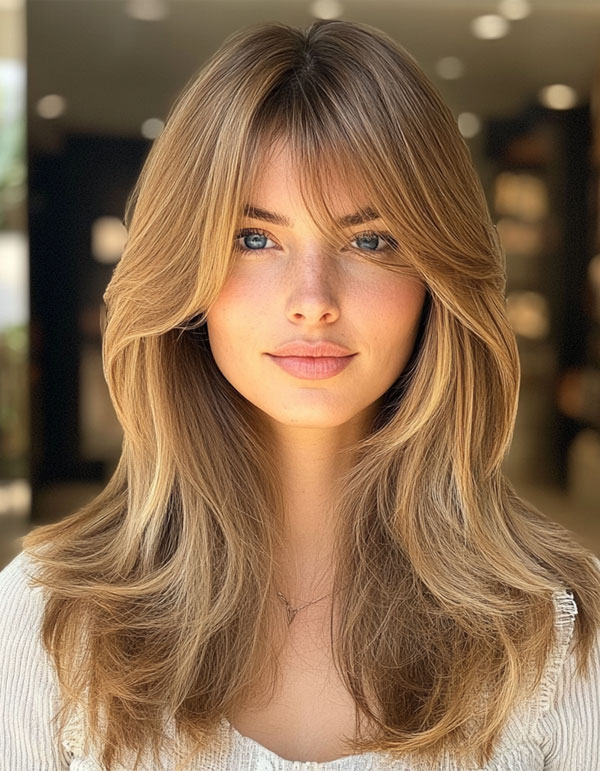 50 Layered Haircuts with Fringe For Long Hair : Soft Layers with Feathered Bangs