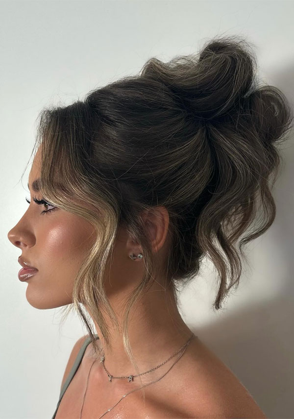 Soft Tousled High Bun with Face-Framing Waves, 90s inspired high updo, , Updo Hairstyle, updo wedding hairstyle