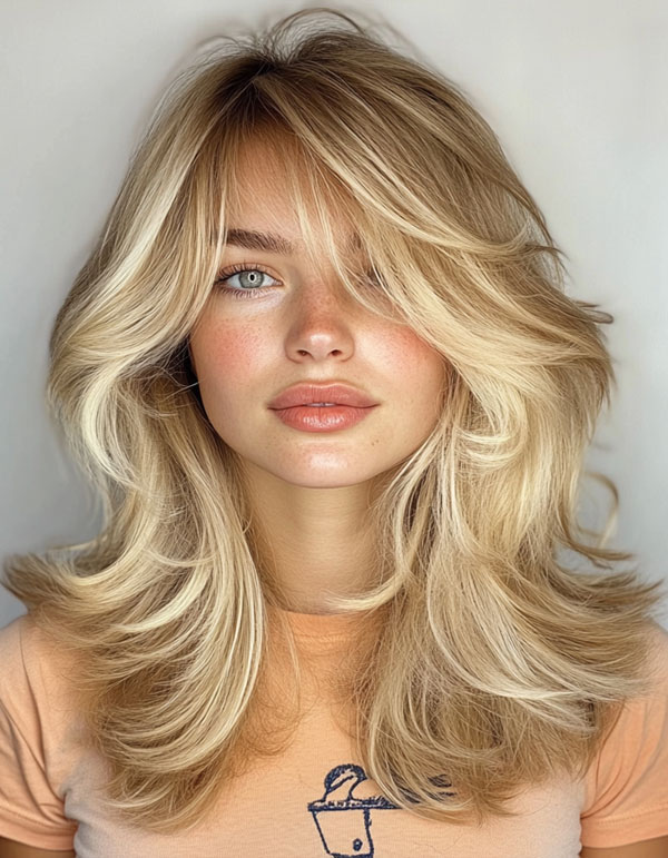 Soft Vanilla Blonde Layers with Curtain Bangs