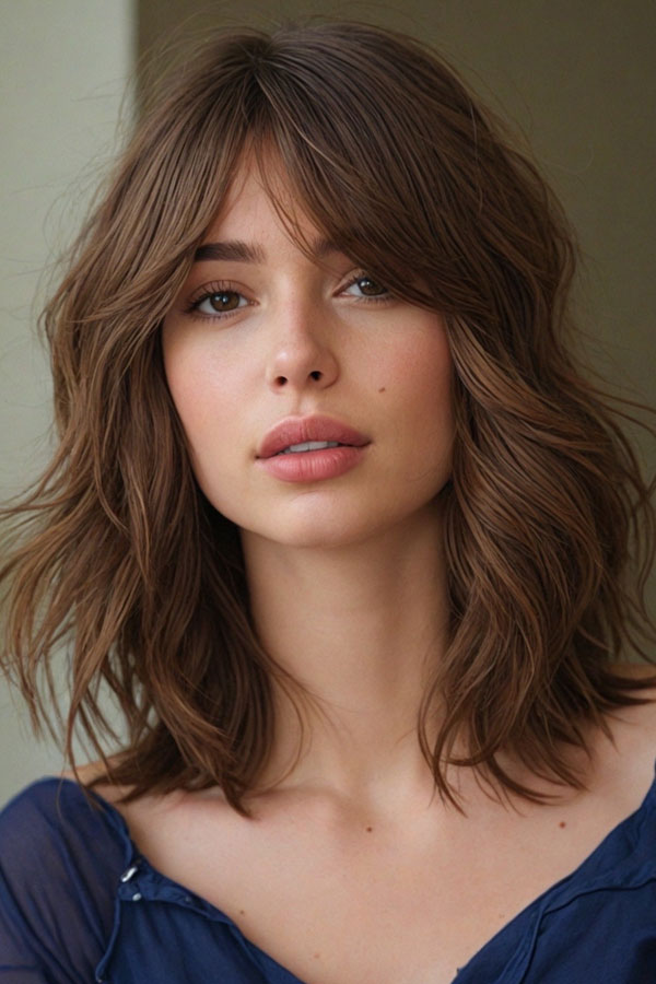 Soft Waves with Curtain Bangs Vibes, chic shoulder length haircut with bangs, medium-length haircut with fringe