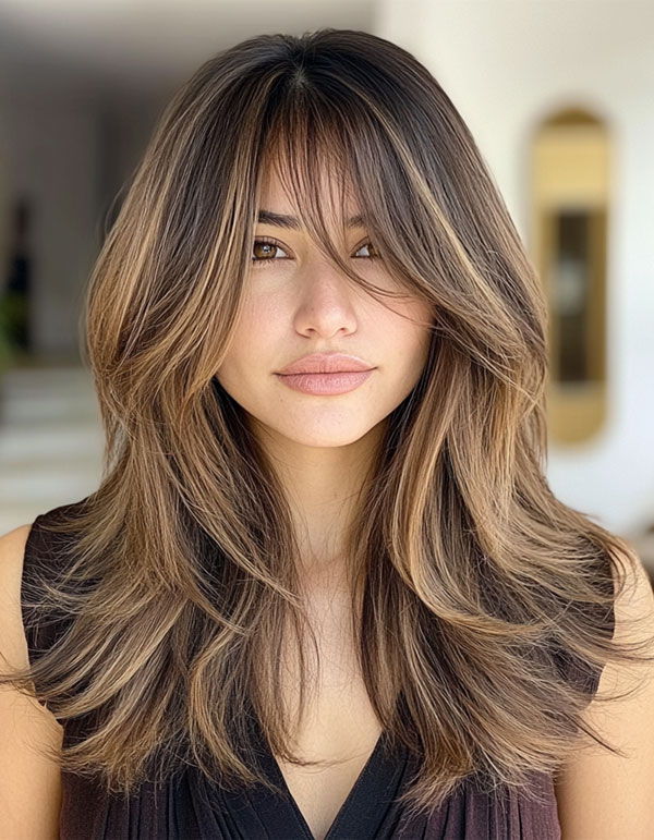 Softly Layered Long Hair with Curtain Bangs, layered haircut with fringe for long hair