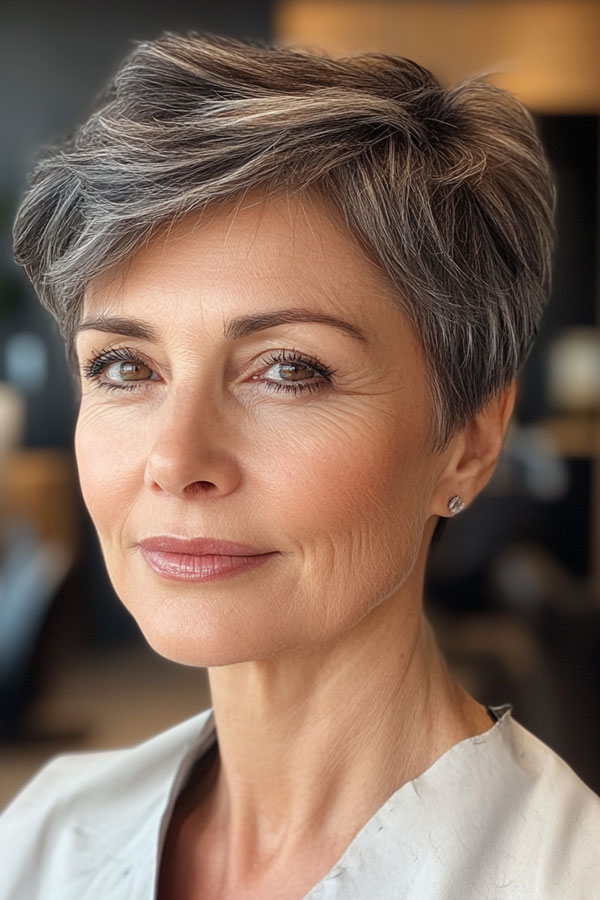 Sophisticated Silver Pixie, pixie hair cut for women over 50, pixie hair colour for women over 50