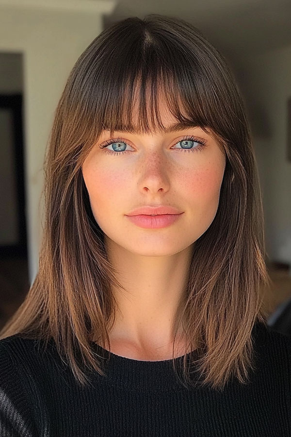 Straight Chestnut Brown with Soft Bangs, shoulder length hairstyle with bangs