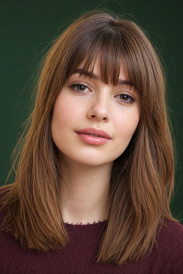 Straight Sleek Bob with Wispy Bangs, chic shoulder length haircut with bangs, medium-length haircut with fringe