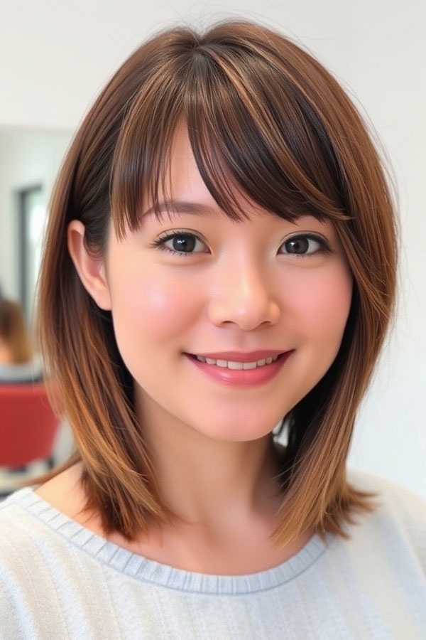 Subtle Layered Bob Side-Swept Bangs for Thin Hair, haircut for thin hair, shoulder length hairstyle, bob haircut with fringe