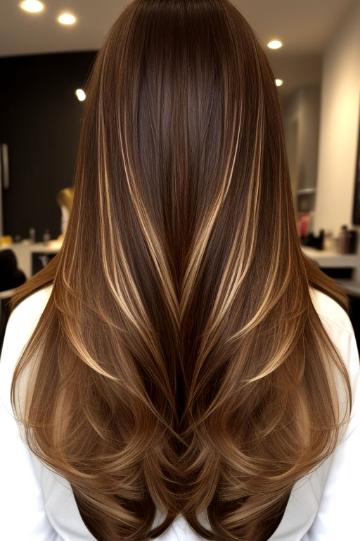 30 Chic Long Layered Haircuts for Straight Hair : Subtle V-Cut Layers with Blonde Highlights