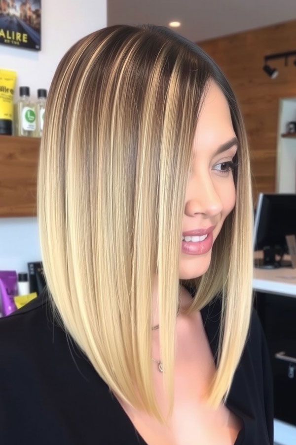 35 Angled Bob Haircuts For A Modern Look : Sun-Kissed Blonde Angled Bob with Shadow Root