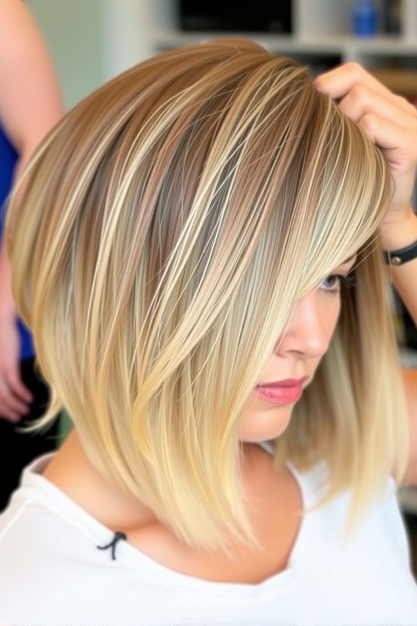 Sun-Kissed Blonde Angled Bob with Side-Swept Layers