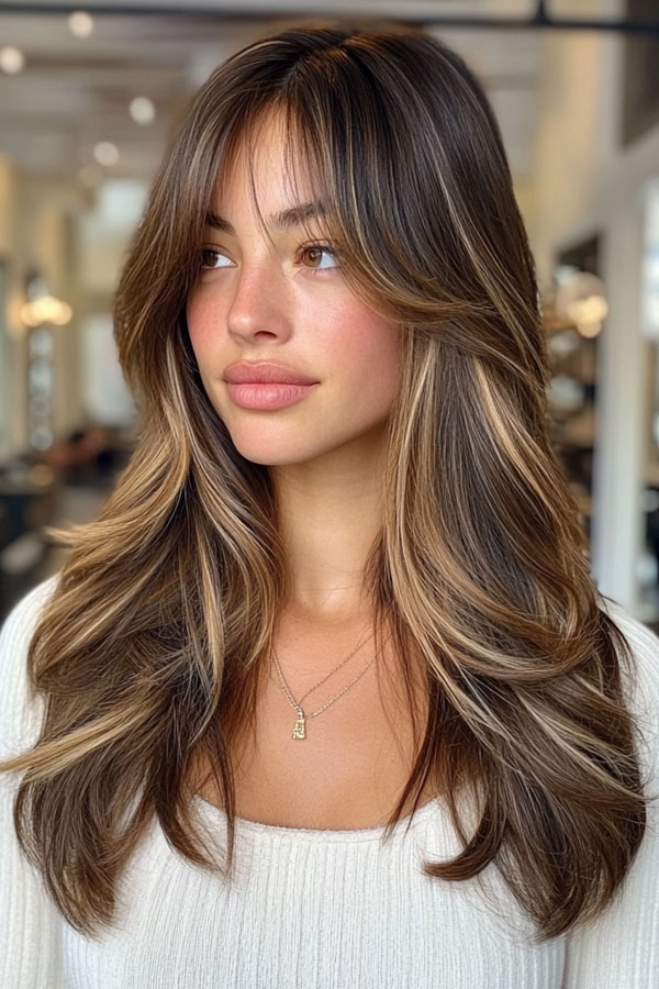 50 Layered Haircuts with Fringe For Long Hair : Sun-Kissed Brunette Layers with Subtle Highlights