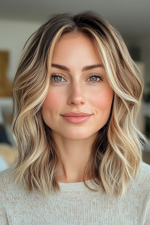 25 Medium-Length with Beautiful Hair Colours : Sun-Kissed Waves with Soft Layers