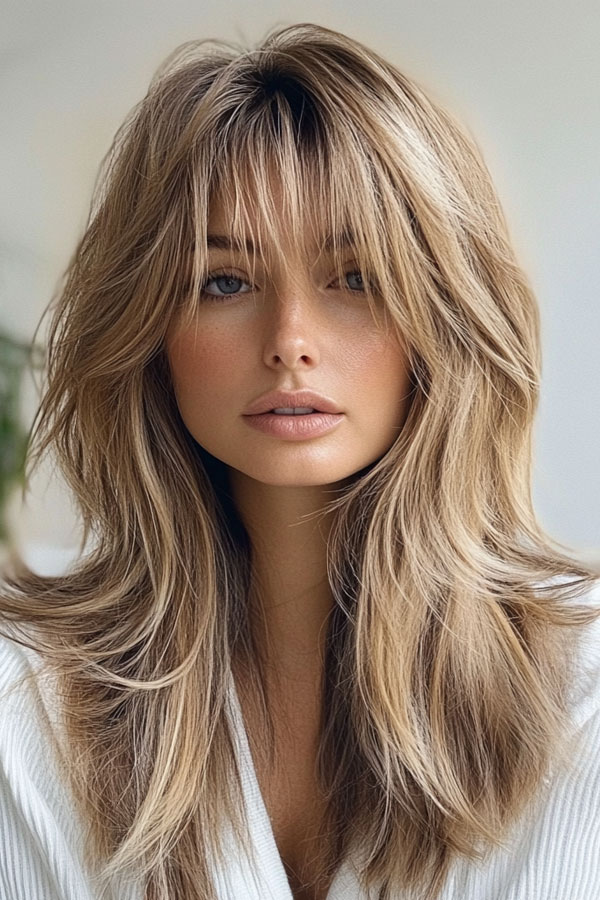 Sunlit Sandy Layers with Curtain Bangs, long layered haircut with fringe