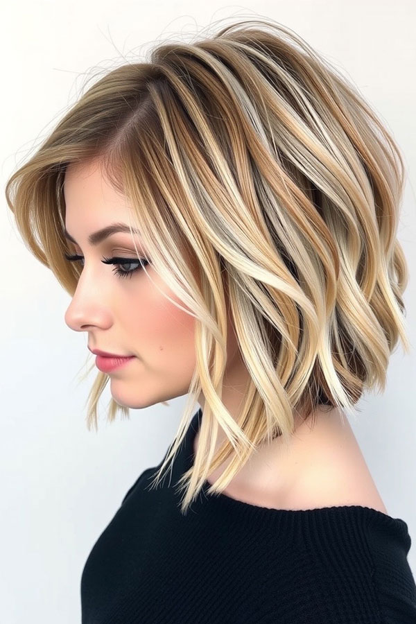 Textured Blonde Angled Bob with Face-Framing Highlights