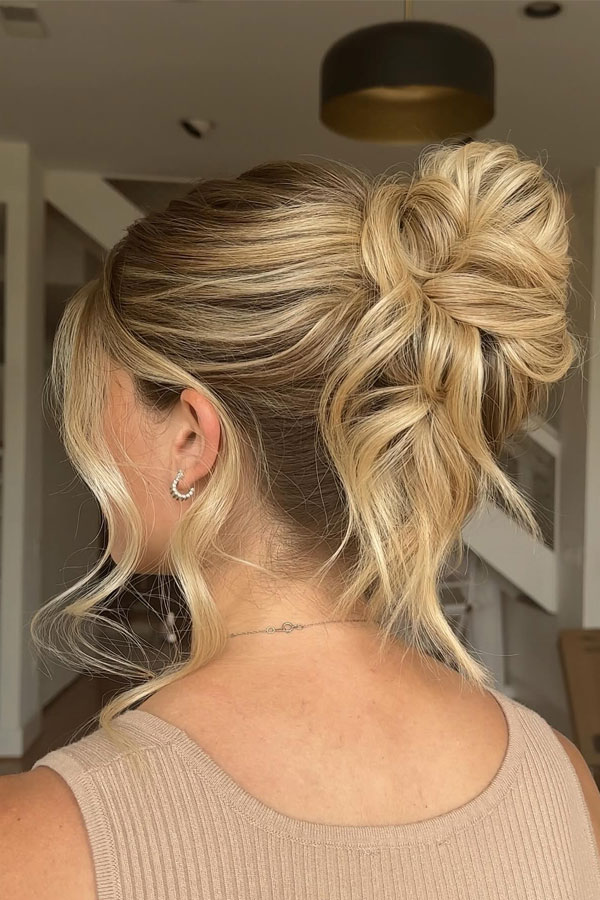 Textured Blonde High Bun with Loose Waves, Updo Hairstyle, updo wedding hairstyle