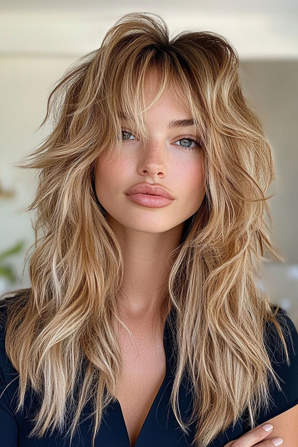 Textured Blonde Shag, long layered haircut with fringe