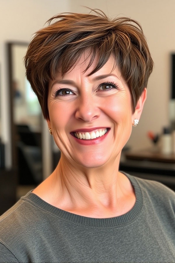 Textured Brunette Pixie, pixie hair cut for women over 50, pixie hair colour for women over 50