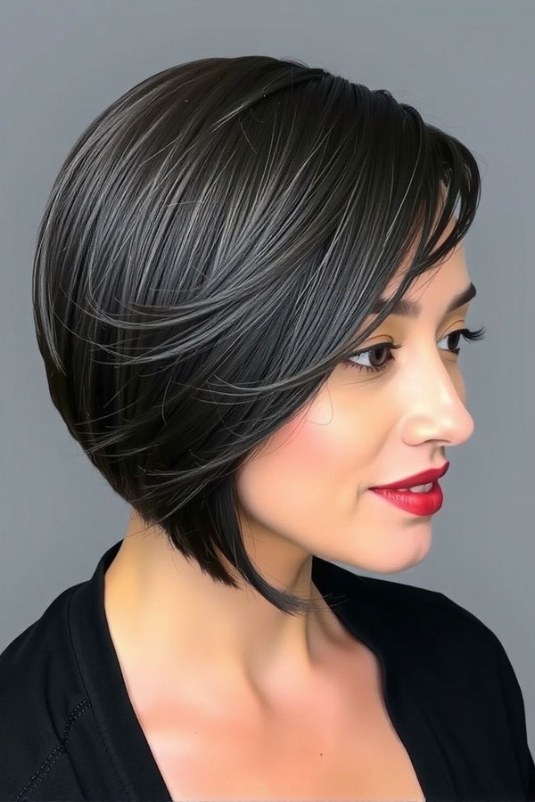 Textured Jet Black Angled Bob with Side-Swept Bangs