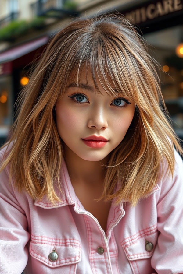 Textured Lob with Golden Blonde Highlights, medium length hairstyle with beautiful hair color