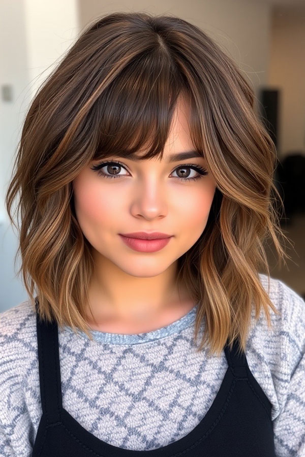 50 Chic Shoulder-Length Haircuts with Bangs : Brunette Textured Lob with Wispy Bangs