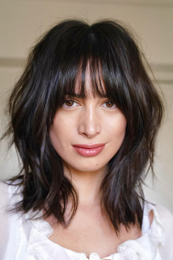 50 Chic Shoulder-Length Haircuts with Bangs : Textured Shag with Blunt Bangs