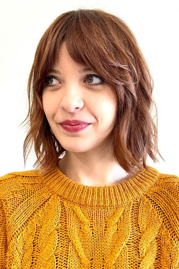 50 Chic Shoulder-Length Haircuts with Bangs : Textured Shaggy Bob with Tousled Waves