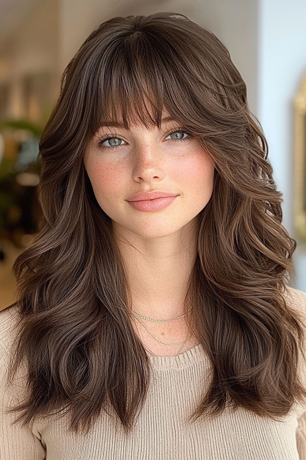 Timeless Brunette Layers with Soft Bangs