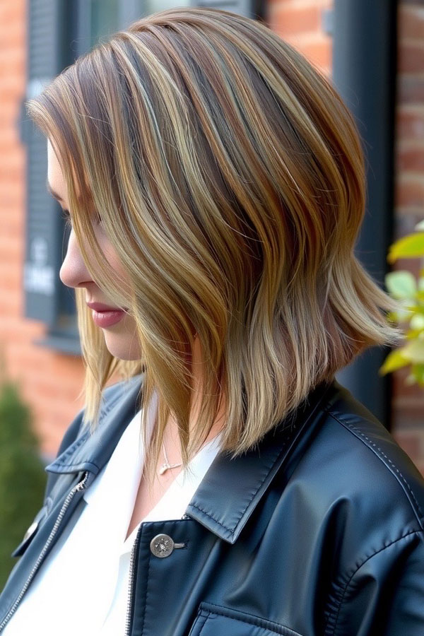 35 Angled Bob Haircuts For A Modern Look : Tousled Angled Bob with Warm Caramel Highlights