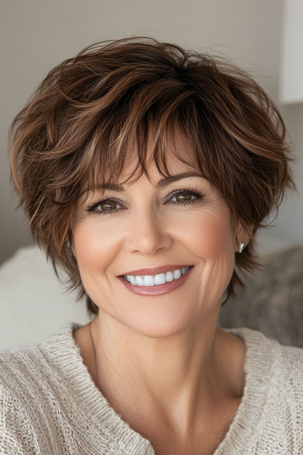 Tousled Brunette Pixie, pixie hair cut for women over 50, pixie hair colour for women over 50