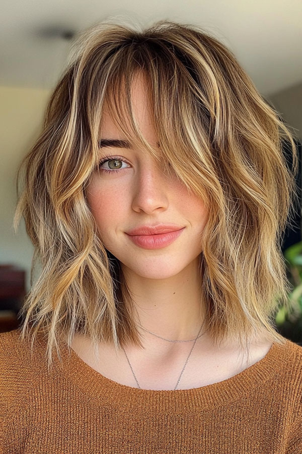 Tousled Waved Beachy Bob with Curtain Bangs, messy long bob with fringe